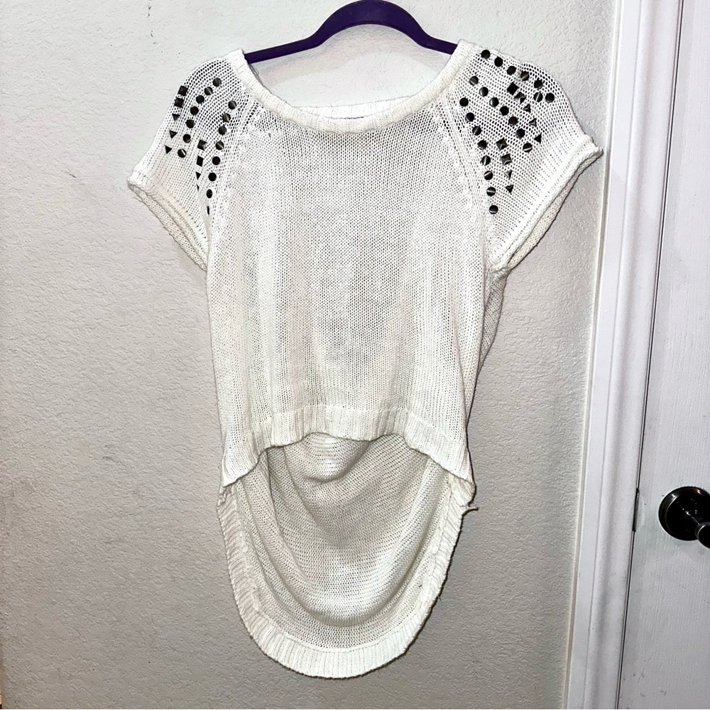 Studded Asymmetrical Short Sleeve Knitted Sweater with Open Back
